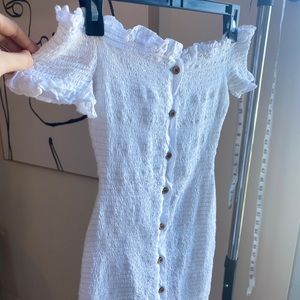 white shirring button detail bardot bodycon dress